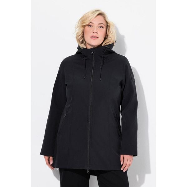 Damskie Długa kurtka softshell HYPRAR hydrofobowa trapezowy krój. Czarne kurtki damskie Ulla Popken, plus size, bez wzorów, z elastanu, bez kaptura. Za 479.99 zł.
