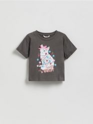 Świąteczny t-shirt z nadrukiem - ciemnoszary. Szare koszulki dziewczęce Reserved, m, bez wzorów, z bawełny, bez ramiączek. W wyprzedaży za 22.99 zł.