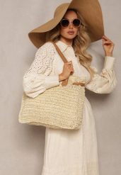 Jasnobeżowa Pleciona Torebka o Dużym Fasonie Tote w Stylu Boho Emerria. Brązowe torebki klasyczne damskie Renee, bez wzorów, bez dodatków. Za 89.99 zł.