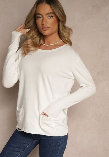 Biały Sweter z Kaszmirem Ozdobiony Kieszeniami Saniswena. Białe swetry klasyczne damskie Renee, uniwersalny, z kaszmiru, bez kołnierzyka. Za 89.99 zł.