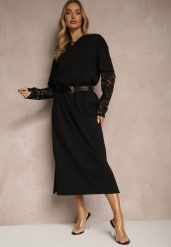 Czarna Sukienka z Bawełny o Kroju Typu T-shirt z Koronką i Rozcięciami Tanisla. Czarne sukienki damskie Renee, na co dzień, bez wzorów, z bawełny, eleganckie, bez kołnierzyka, bez ramiączek, midi, proste. W wyprzedaży za 62.99 zł.