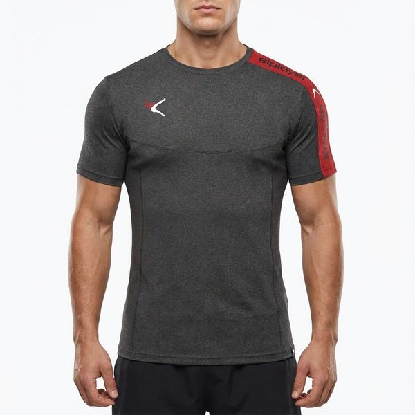 Dopasowana koszulka treningowa z krótkim rękawem Fitplayer. Szare t-shirty sportowe męskie ELPLAYER, l, z poliesteru, bez ramiączek, do biegania. Za 56.00 zł.