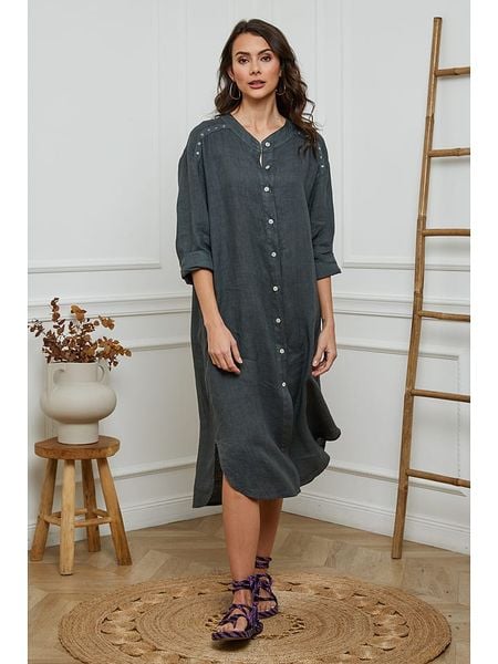 Fleur de Lin Lniana sukienka w kolorze antracytowym rozmiar: S. Czarne sukienki damskie Fleur de Lin, na co dzień, s, bez wzorów, ze lnu, bez kołnierzyka, bez ramiączek, midi, proste. Za 143.90 zł.