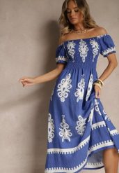 Niebieska Sukienka Hiszpanka Ozdobiona Etnicznym Printem Aralette. Niebieskie sukienki damskie Renee, na co dzień, l, bez wzorów, eleganckie, bez kołnierzyka, bez ramiączek, rozkloszowane. Za 69.99 zł.