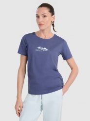 4F T-shirt regular z nadrukiem damski - granatowy S. Niebieskie t-shirty damskie 4f, s, bez wzorów, z bawełny, bez kołnierzyka. Za 59.99 zł.