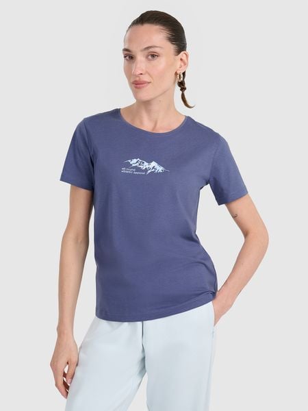 4F T-shirt regular z nadrukiem damski - granatowy L. Niebieskie t-shirty damskie 4f, l, bez wzorów, z bawełny, bez kołnierzyka. W wyprzedaży za 49.99 zł.