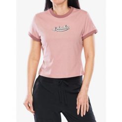 Koszulka bawełniana damska Columbia Rolling Bend Graphic Ringer Tee. Czerwone bluzki sportowe damskie Columbia, bez wzorów, z bawełny, bez ramiączek. Za 74.99 zł.