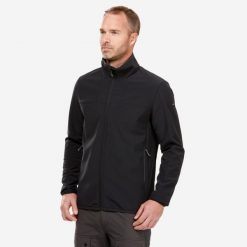 Kurtka softshell turystyczna męska Quechua MT100. Czarne kurtki męskie FORCLAZ, l, bez wzorów, z polaru, bez kaptura. Za 199.99 zł.