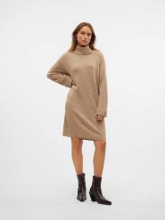 Vero Moda Sukienka dzianinowa w kolorze beżowym rozmiar: M. Brązowe sukienki damskie Vero Moda, na co dzień, m, bez wzorów, z dzianiny, bez kołnierzyka, bez ramiączek, midi, proste. Za 74.46 zł.