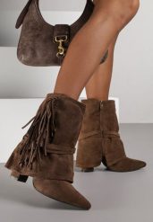Brązowe Botki Boho z Cholewką Imitującą Nogawkę i Frędzlami Zaslie. Brązowe botki damskie Renee, z jeansu, boho, bez obcasa, na obcasie, bez zapięcia. Za 149.99 zł.