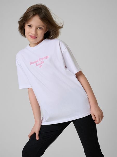 Дитячий t-shirt loose з принтом - білий. Koszulki dziewczęce 4f, bez wzorów, bez kołnierzyka. Za 699.90 zł.