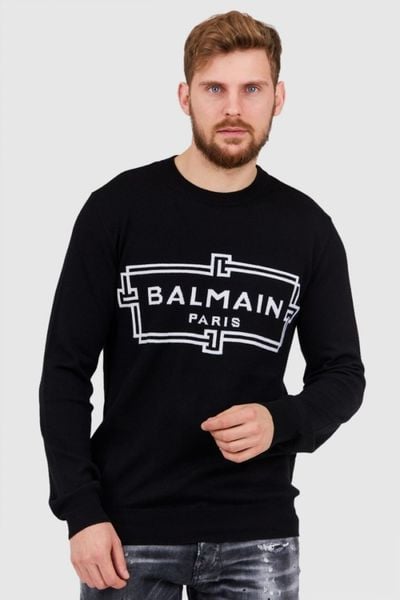 BALMAIN Czarny sweter męski z wełny merino, Rozmiar S. Czarne swetry męskie Balmain, l, bez wzorów, prążkowane, bez kołnierzyka. W wyprzedaży za 1,900.99 zł.