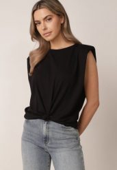 Czarny Bawełniany Top Oversize Bez Rękawów z Wiązaniem i Poduszkami w Ramionach Apixie. Czarne topy damskie Born2be, bez wzorów, z bawełny, bez kołnierzyka. Za 69.99 zł.