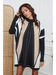 So Cachemire Sukienka dzianinowa "Jamjam" w kolorze jasnobrązowo-czarnym rozmiar: L. Brązowe sukienki damskie So Cachemire, na co dzień, l, bez wzorów, z dzianiny, bez kołnierzyka, bez ramiączek, mini, proste. Za 182.72 zł.