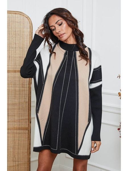 So Cachemire Sukienka dzianinowa "Jamjam" w kolorze jasnobrązowo-czarnym rozmiar: L. Brązowe sukienki damskie So Cachemire, na co dzień, l, bez wzorów, z dzianiny, bez kołnierzyka, bez ramiączek, mini, proste. Za 187.99 zł.