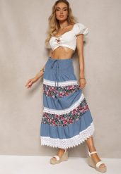 Biało-Niebieska Bawełniana Spódnica High Waist z Gumką w Talii i Ozdobną Koronką Tesaquin. Białe spódniczki damskie Renee, na lato, l, bez wzorów, z bawełny, z podwyższonym stanem, maxi. Za 49.99 zł.