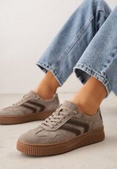 Beżowe Sneakersy Retro Tenisówki z Naturalnego Zamszu ze Skórzaną Wkładką Beralene. Brązowe trampki i tenisówki damskie Renee, bez wzorów, z koronki. Za 179.99 zł.
