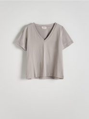T-shirt regular z merceryzowanej bawełny - jasnoszary. Szare t-shirty damskie Reserved, l, bez wzorów, z bawełny, bez kołnierzyka. W wyprzedaży za 19.99 zł.