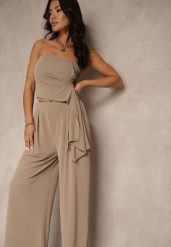 Brązowy Komplet Top Bandeau z Trenem i Spodnie o Szerokim Kroju Redomiae. Brązowe spodnie materiałowe damskie Renee, bez wzorów, z jeansu. Za 129.99 zł.