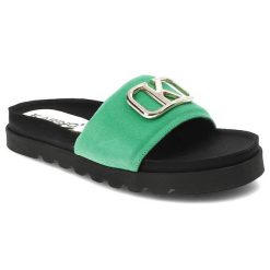 Zielone Klapki Karino Modne Skórzane Buty. Zielone klapki damskie Karino, bez wzorów, z weluru, bez obcasa. Za 287.99 zł.