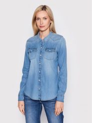 Guess Koszula W2GH75 D4NA1 Niebieski Slim Fit. Niebieskie koszule damskie Guess, xs, z aplikacjami, z lyocellu, bez kołnierzyka, bez ramiączek. Za 219.99 zł.