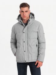Męska casualowa kurtka puffer z wełną – jasnoszary melanż V3 OM-JAHP-0203 - XXL. Szare kurtki męskie Ombre Clothing, l, z aplikacjami, z materiału. Za 371.99 zł.