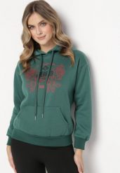 Zielona Bluza z Kapturem i Nadrukiem oraz Ściągaczami Apperforda. Zielone bluzy z kapturem damskie Born2be, l, z polaru. Za 84.99 zł.