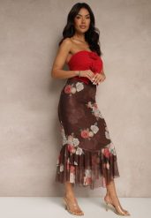Brązowa Dopasowana Spódnica z Ozdobną Falbaną Efravaria. Brązowe spódniczki damskie Renee, m, bez wzorów, eleganckie, midi, dopasowane. Za 74.99 zł.