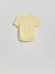 T-shirt z marszczeniem - jasnożółty. Żółte t-shirty damskie Reserved, l, bez wzorów, z bawełny, bez kołnierzyka. Za 45.99 zł.