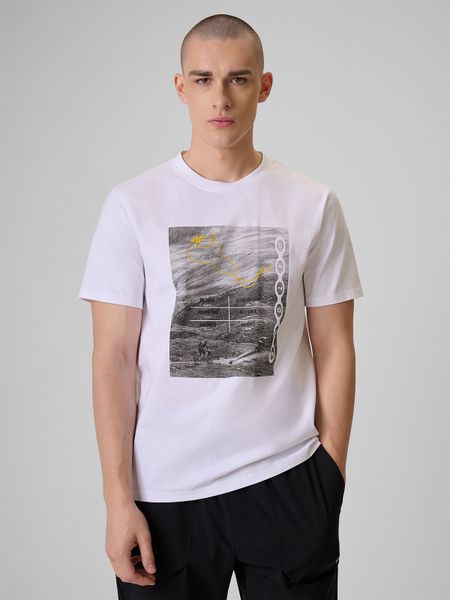 4F T-shirt regular z nadrukiem męski - biały M. Białe t-shirty męskie 4f, m, bez wzorów, z bawełny, bez kołnierzyka. Za 79.99 zł.