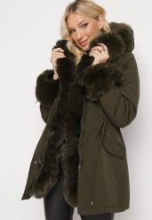 Ciemnozielona Kurtka Parka z Futerkiem i Ściągaczem Hegade. Zielone kurtki damskie Born2be, l, z aplikacjami, z futra, bez kaptura. Za 369.99 zł.
