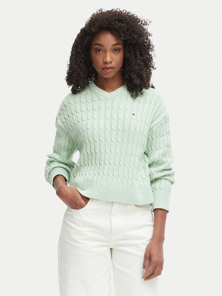 Tommy Hilfiger Sweter WW0WW48433 Zielony jasny Regular Fit. Zielone swetry klasyczne damskie Tommy Hilfiger, s, z bawełny, bez kołnierzyka. Za 418.99 zł.