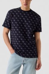 GUESS Granatowy męski t-shirt w monogram Jacquard 4G Knit, Rozmiar S. Niebieskie t-shirty męskie Guess, m, z aplikacjami, bez kołnierzyka. W wyprzedaży za 169.99 zł.