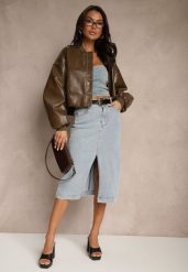Jasnoniebieska Jeansowa Spódnica z Bawełny High Waist z Rozcięciem i Paskiem w Zestawie Isanira. Niebieskie spódniczki damskie Renee, l, bez wzorów, z bawełny, biznesowe, z podwyższonym stanem, midi, proste. Za 129.99 zł.