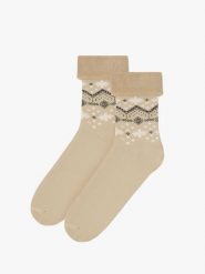 Beżowe skarpetki świąteczne unisex w śnieżynki. Brązowe skarpetki damskie Ryłko, bez wzorów, z bawełny. Za 24.99 zł.