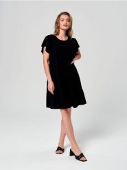 Sukienka mini z lnem - czarny. Czarne sukienki damskie Sinsay, l, bez wzorów, ze skóry, bez kołnierzyka, bez ramiączek, mini. Za 69.99 zł.