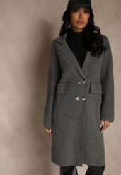 Szary Płaszcz Dwurzędowy o Długim Kroju w Eleganckim Stylu Saratusa. Szare płaszcze damskie Renee, bez wzorów, z jeansu, biznesowe. Za 129.99 zł.