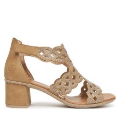 Sandały Rieker. Brązowe sandały damskie Rieker, bez wzorów, bez obcasa, na słupku. Za 349.99 zł.