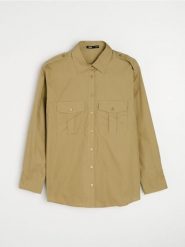 Bawełniana koszula w stylu safari z pagonami - zielony. Zielone koszule damskie Sinsay, l, bez wzorów, z bawełny, bez kołnierzyka, bez ramiączek. Za 49.99 zł.