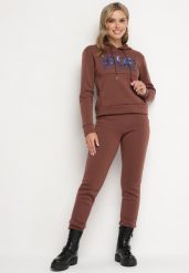 Brązowy Ocieplany Komplet Dresowy z Bawełny Joggery i Bluza z Kapturem i Nadrukiem Filola. Brązowe bluzy z kapturem damskie Born2be, m, z bawełny. Za 89.99 zł.
