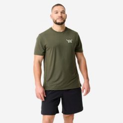 Koszulka sportowa męska Domyos. Brązowe t-shirty sportowe męskie DOMYOS, l, z elastanu, bez ramiączek, na fitness i siłownię. Za 69.99 zł.