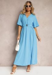 Niebieska Kopertowa Sukienka z Gumką w Talii i Paskiem Amperi. Niebieskie sukienki damskie Renee, l, bez wzorów, eleganckie, bez kołnierzyka, bez ramiączek, maxi, dopasowane. W wyprzedaży za 52.49 zł.