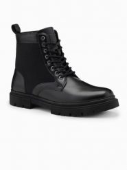 Buty męskie trapery z wysoką cholewką z łączonych materiałów – czarne V1 OM-FOBO-0174 - 46. Czarne buty zimowe męskie Ombre Clothing, z gumy, z okrągłym noskiem, przed kolano, bez zapięcia. Za 209.99 zł.