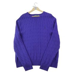 Second life - Sweter męski Polo Ralph Lauren warkoczowy fioletowy - Jak nowy. Fioletowe swetry męskie Ralph Lauren, l, bez wzorów, z dzianiny, bez kołnierzyka. Za 255.56 zł.