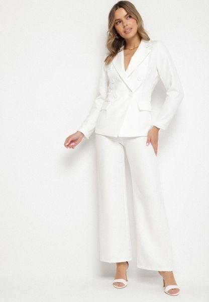 Biały Komplet Garniturowy Szerokie Spodnie i Marynarka Arkellia. Białe marynarki i żakiety damskie Born2be, bez wzorów, biznesowe. Za 99.99 zł.