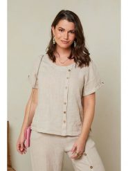 Curvy Lady Lniana koszulka w kolorze beżowym rozmiar: 48/50. Brązowe bluzki damskie Curvy Lady, bez wzorów, ze lnu, klasyczne, bez kołnierzyka, bez ramiączek. Za 92.21 zł.