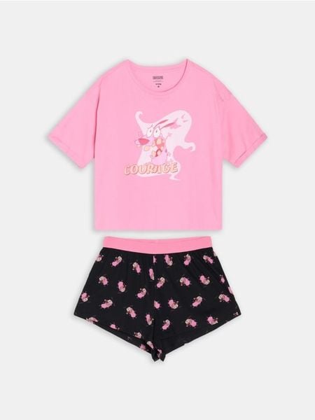 Bawełniana piżama dwuczęściowa Courage the Cowardly Dog - różowy. Czerwone piżamy damskie Sinsay, l, bez wzorów, z bawełny, bez ramiączek. Za 49.99 zł.