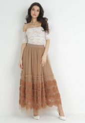 Beżowa Spódnica Maxi z Tiulowej Siateczki z Gumką w Pasie Johannah. Brązowe spódniczki damskie Born2be, m, bez wzorów, z koronki, maxi. Za 129.99 zł.