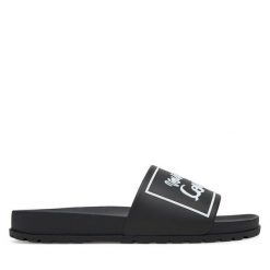 Klapki Versace Jeans Couture. Czarne klapki damskie Versace Jeans Couture, bez wzorów, z jeansu, bez obcasa. Za 229.99 zł.