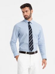 Męska koszula bawełniana REGULAR FIT w pionowe paski - błękitno-biała - Rozmiar: L. Niebieskie koszule męskie Ombre Clothing, l, bez wzorów, z bawełny, bez kołnierzyka, bez ramiączek. W wyprzedaży za 79.99 zł.